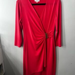 Calvin Klein Coral Pink Faux-Wrap Dress with Gold Accent